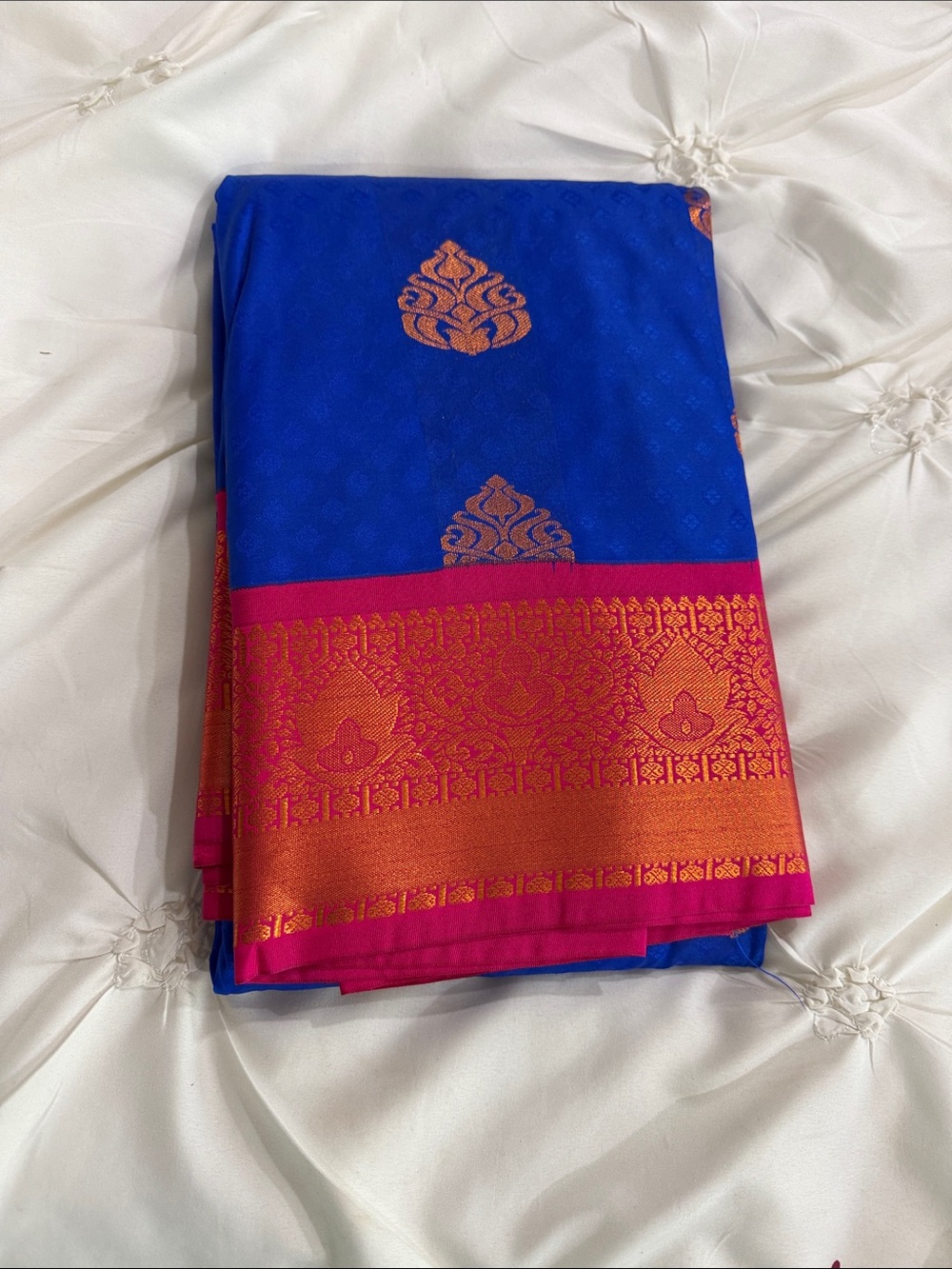 Silk-Blend Blue & Pink Traditional Saree with Gold Motif